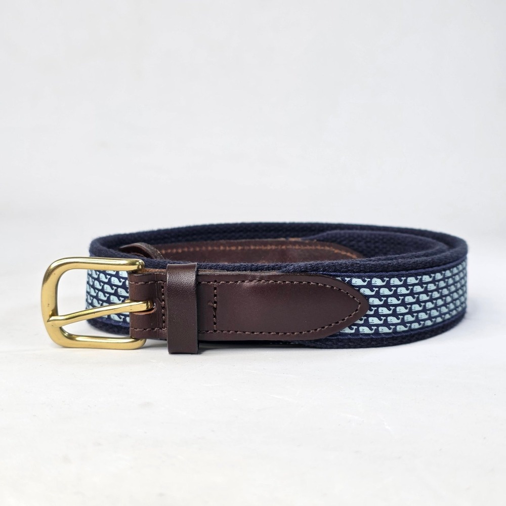 Vineyard Vines Mens Navy Blue Whale Logo Canvas Leather Club Belt Size 30 USA